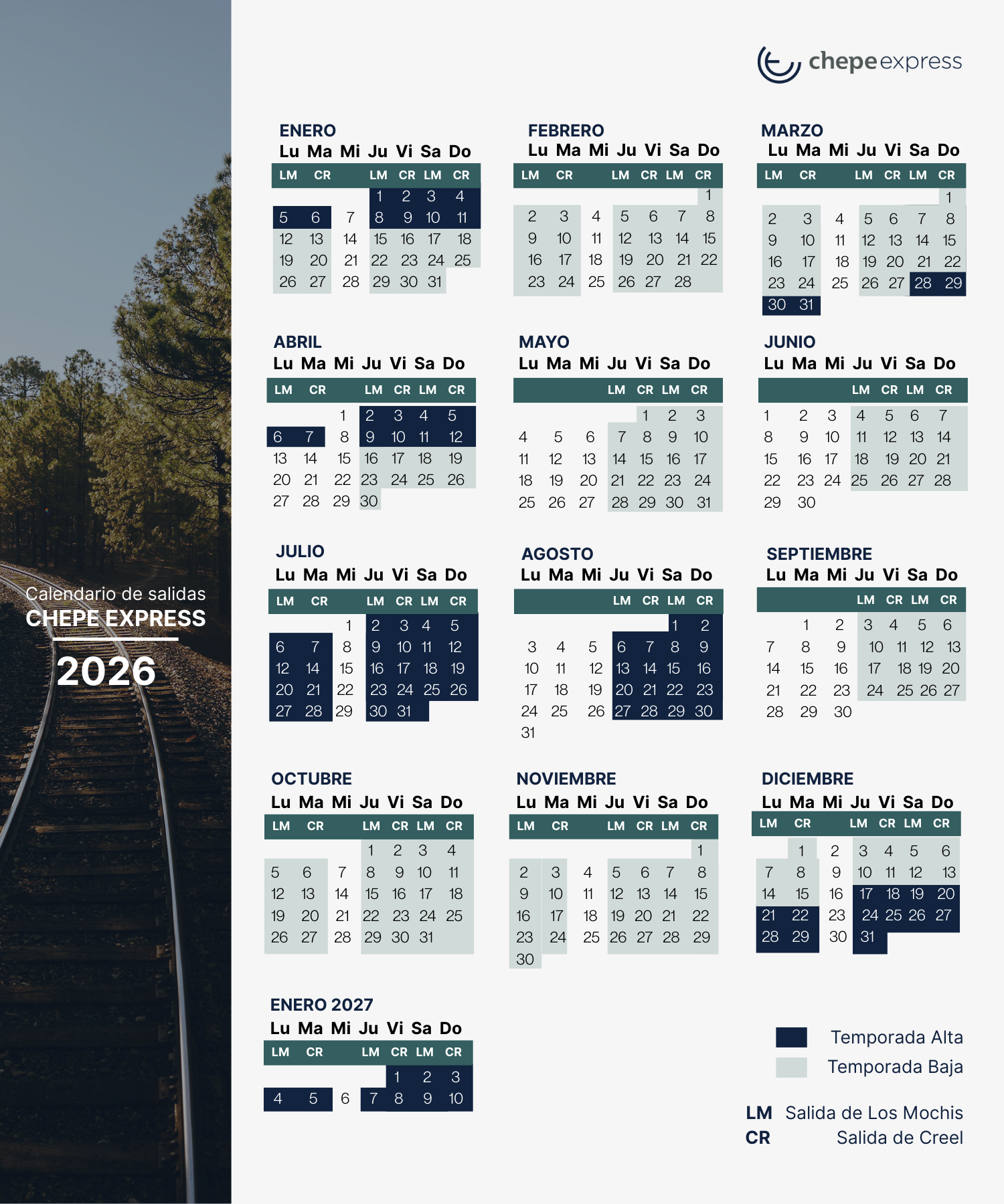 Calendario oficial Chepe Express 2026 — días de circulación